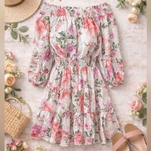 Premier Amour Pink Floral Off-Shoulder Smocked Dress - Size 10